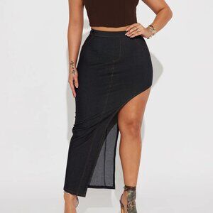 High Rise Faux Denim Maxi Skirt - Dark Wash Size L